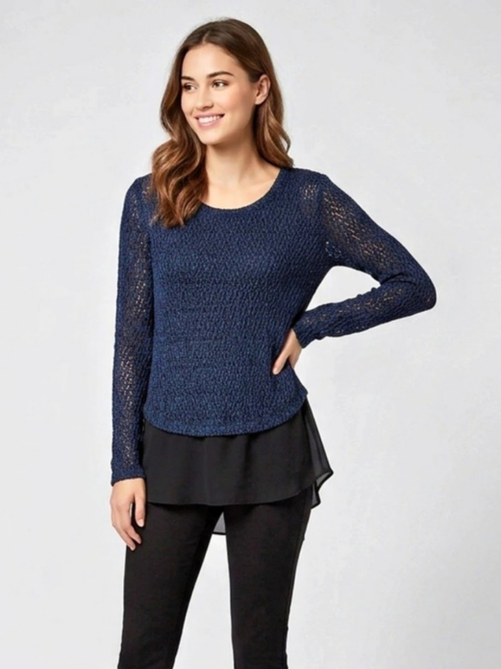 NWT Design Lab Layered Knit Top Mixed Media in Blue & Black Size Medium